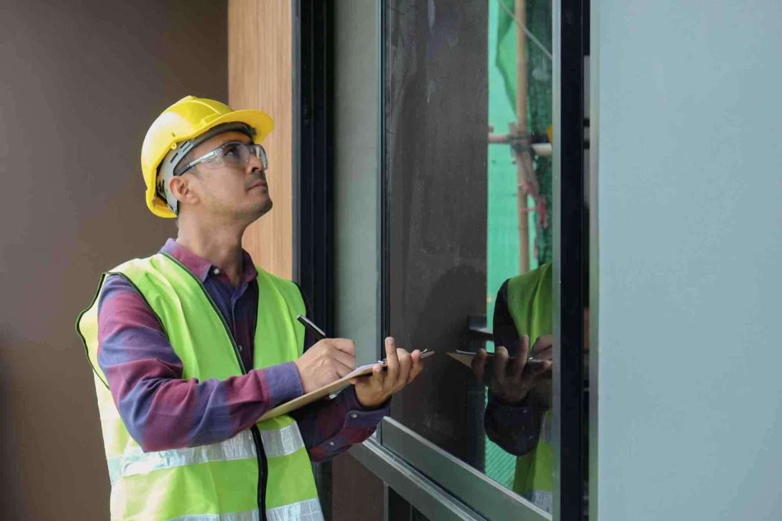 Building inspector performing final hurricane door code compliance check